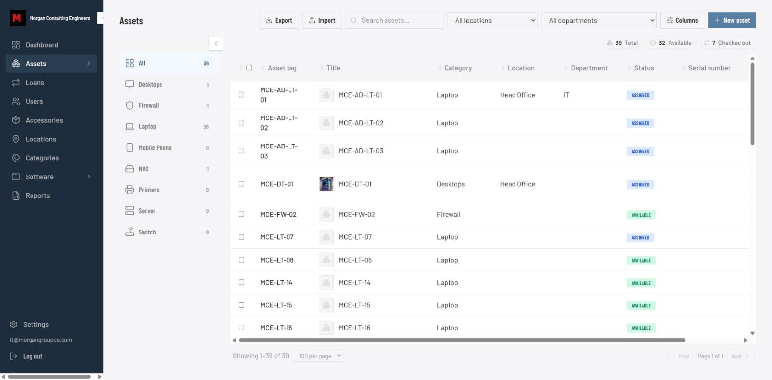 trackme assets list showing asset tag, title, category, location, department, and status in a data table